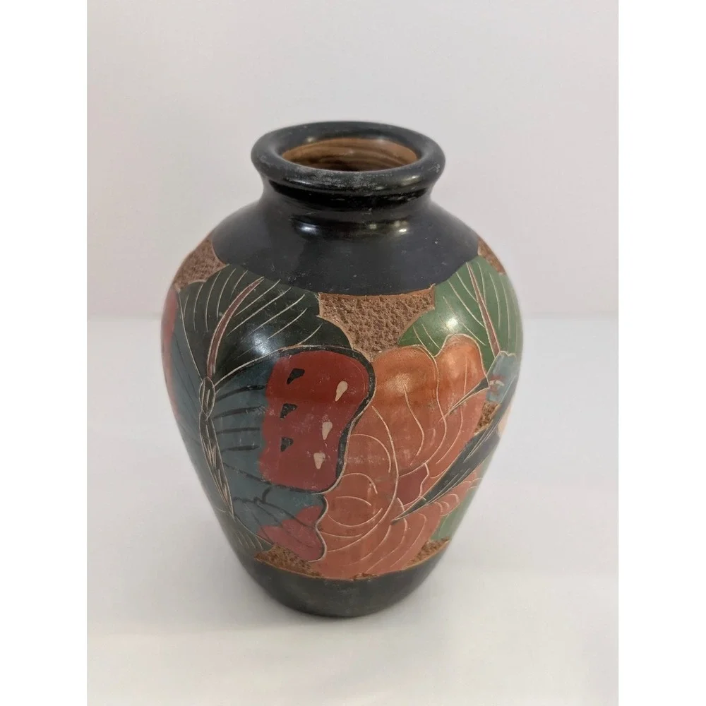 Vintage Folk Art Pottery Vase Bird Butterfly Flowers Black Clay Sgraffito